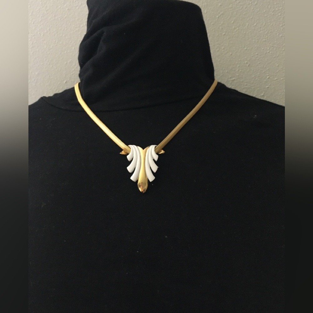Gold-Tone Chain Necklace with White Leaf Pendant